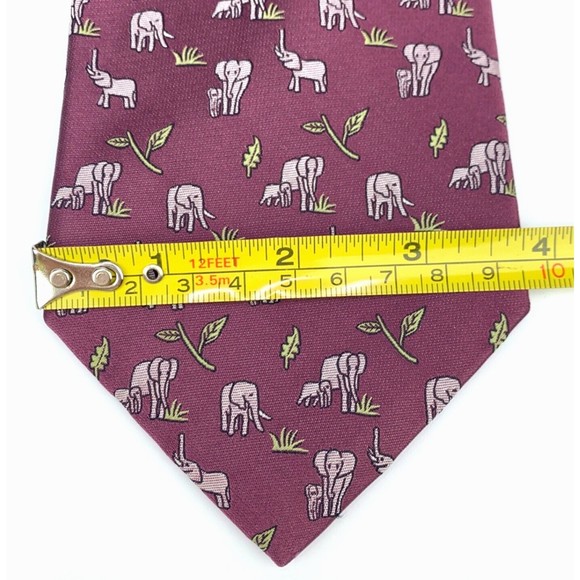 Jim Thompson Tie Mulberry Color - Elephants with Baby Animal Leaf Necktie - Picture 10 of 11